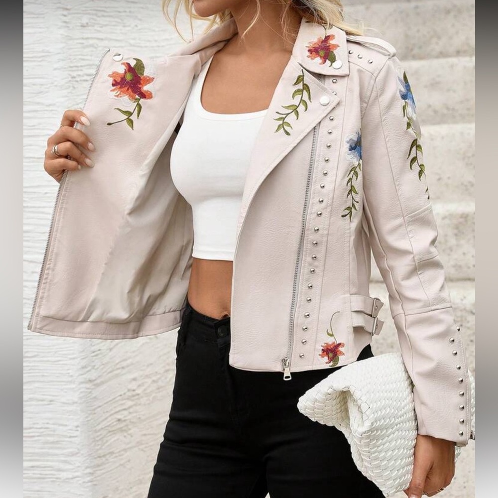 Floral Studded Moto Jacket Beige Faux Leather Embroidered Biker Style Jacket - Picture 9 of 9